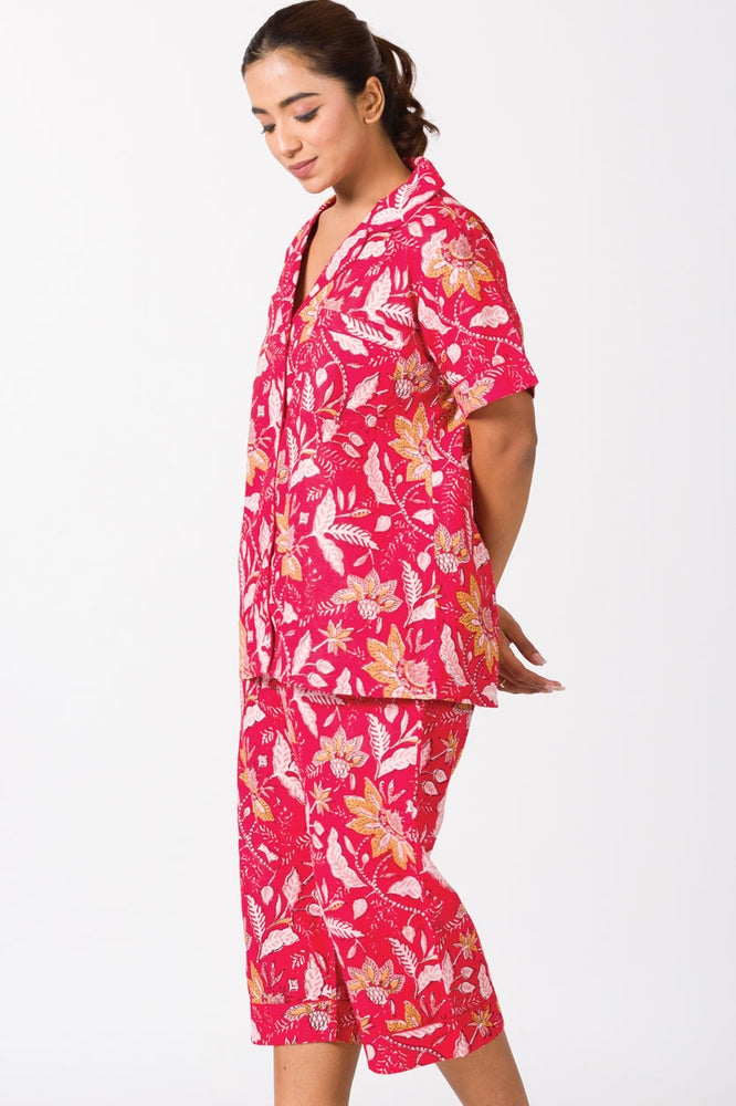 Red Floral Cotton Capri Pajama Set