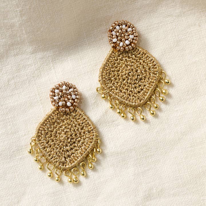 Gold Zari Thread &amp; Brass Post Earrings (1.75&quot; L)