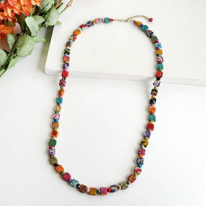 Kantha Square Dotted Long Necklace