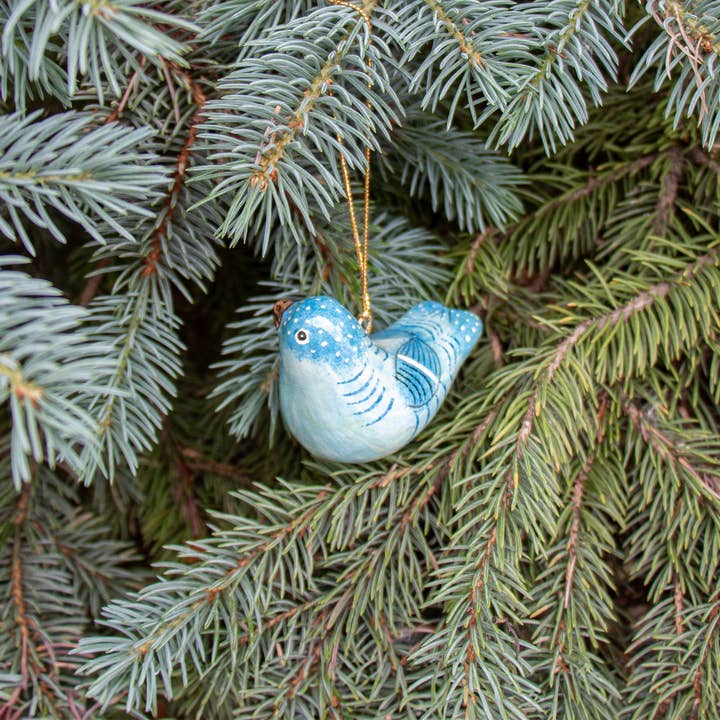 Blue Handpainted Papier-Mache Finch Ornament