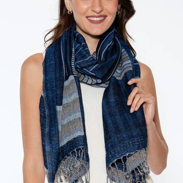 Navy/Silver Kalya Cotton &amp; Wool Scarf