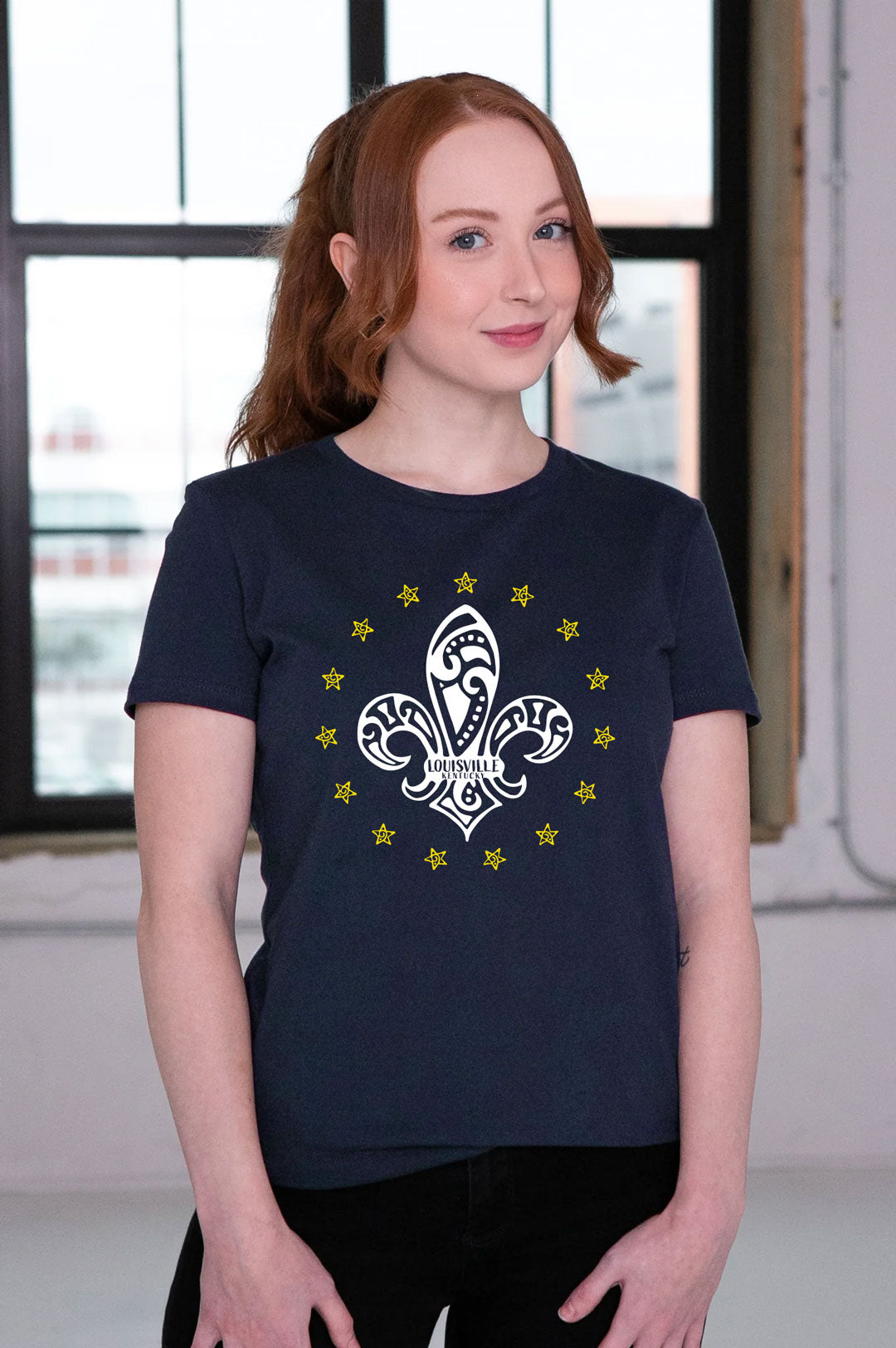 Louisville Fleur-de-Lis Women's T-Shirt Premium Cotton Navy with Short Sleeves - GOEX