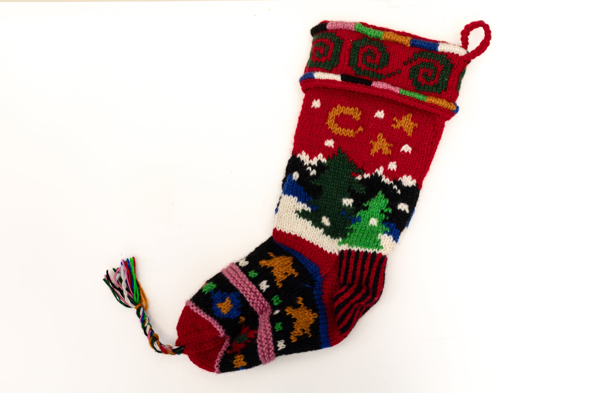 Knit Christmas Stocking with Mountain Tree Design (Red) - Made in Nepal