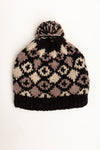 Wool &amp; Fleece Hat with Pom - Diamond Design (Dark Brown &amp; Cream) - Made in Nepal