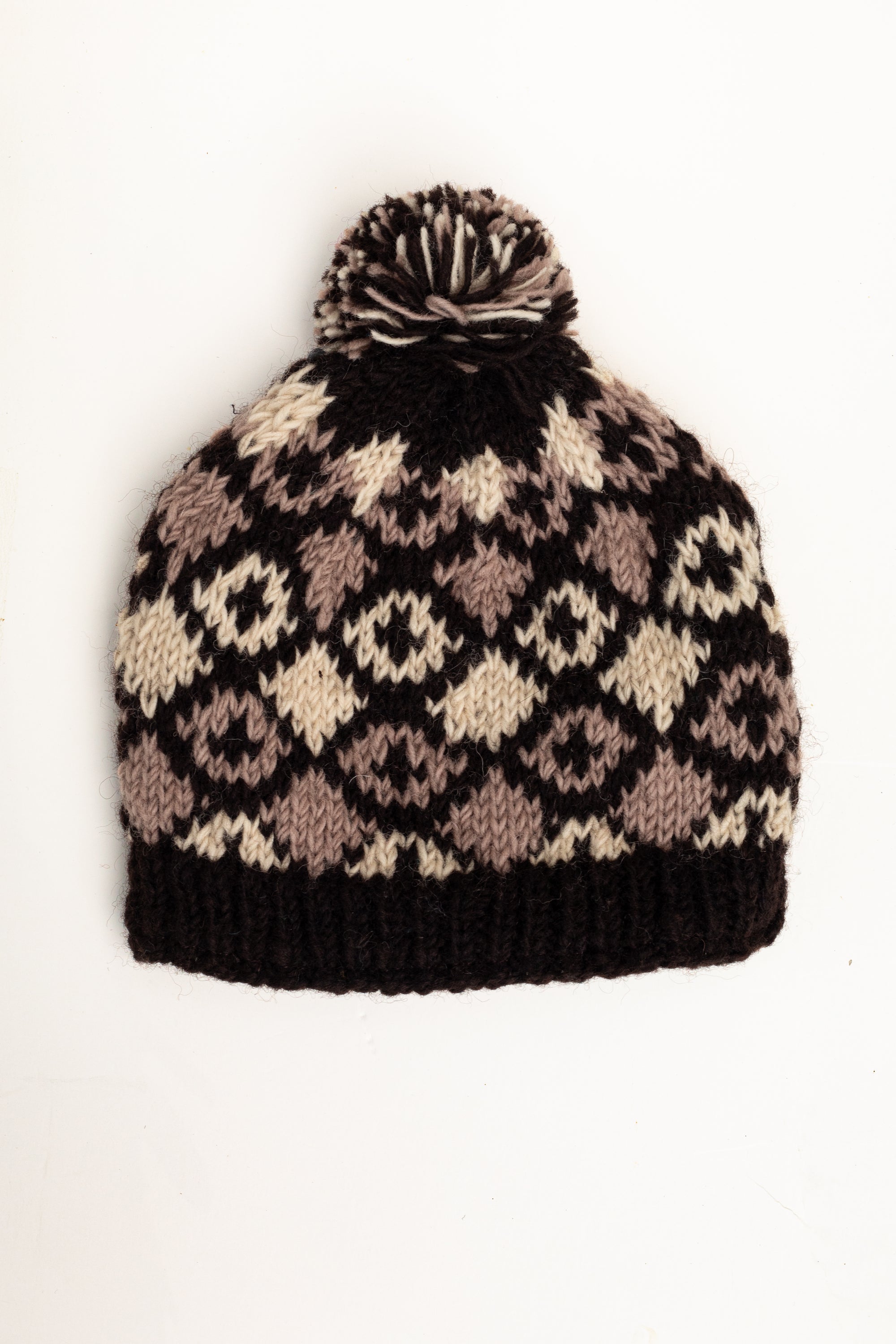 Wool & Fleece Hat with Pom - Diamond Design (Dark Brown & Cream) - Made in Nepal