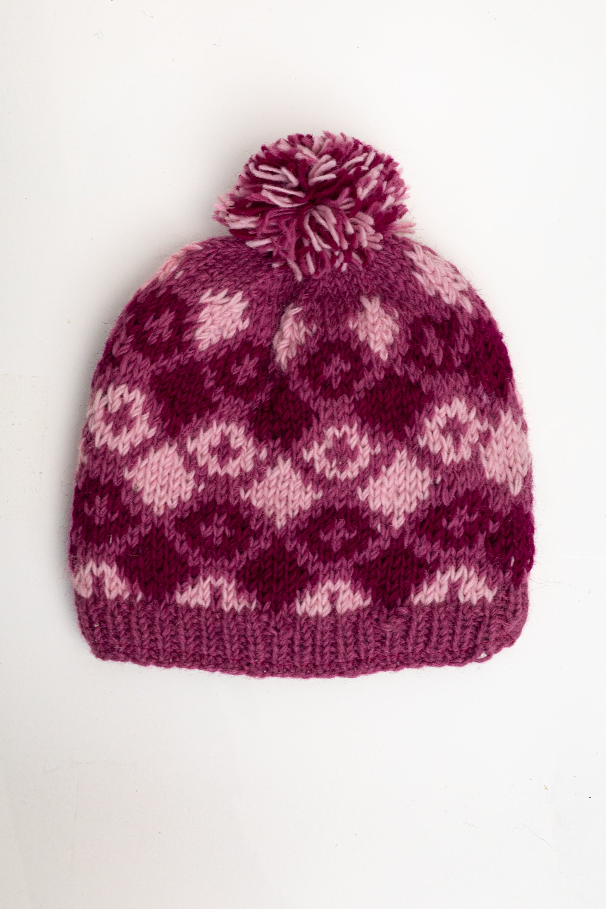 Wool & Fleece Hat with Pom - Diamond Design (Pink & Fuchsia) - Made in Nepal