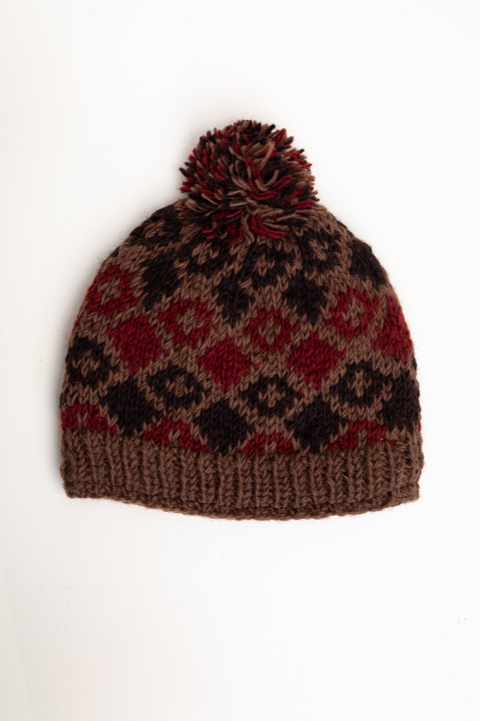 Wool & Fleece Hat with Pom - Diamond Design (Brown & Rust) - Made in Nepal