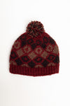 Wool &amp; Fleece Hat with Pom - Diamond Design (Burgundy &amp; Cocoa) - Made in Nepal