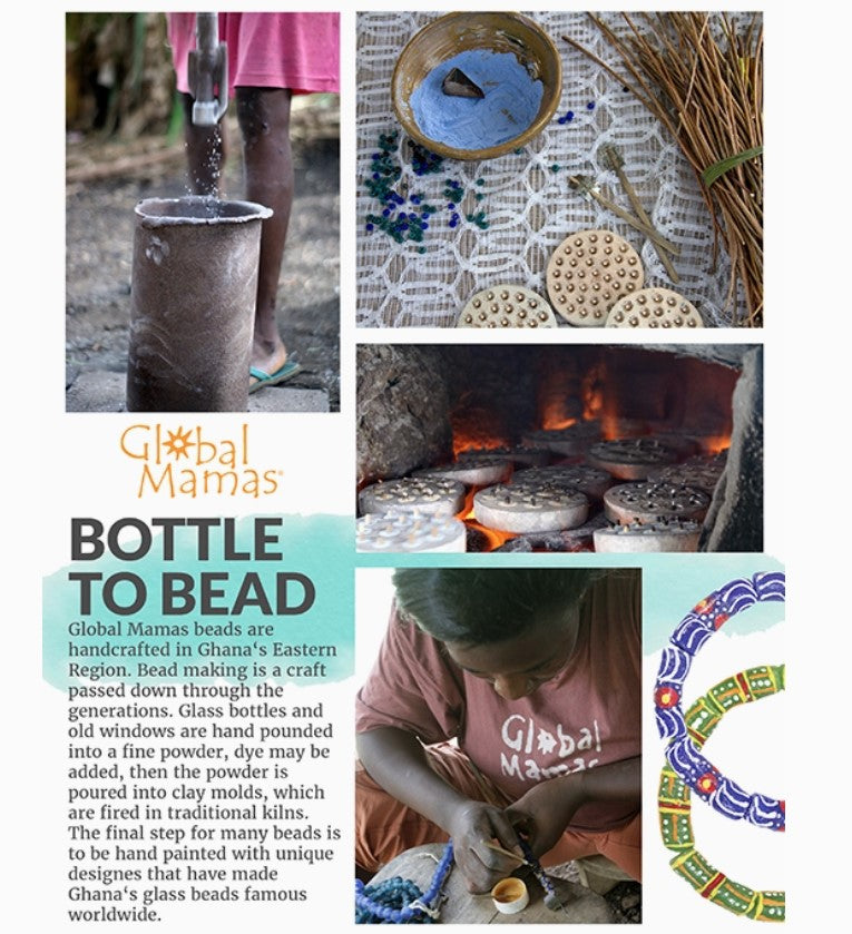 Collage of images related to Global Mamas bead-making process with text about bottle-to-bead transformation.