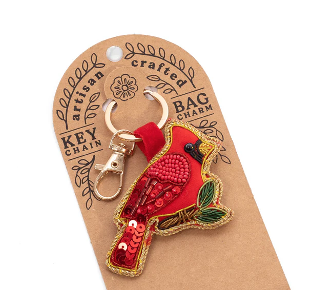 Beaded Cardinal Bag Charm Keychain