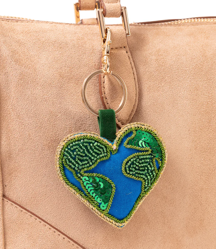 Beaded Heart Earth Bag Charm Keychain