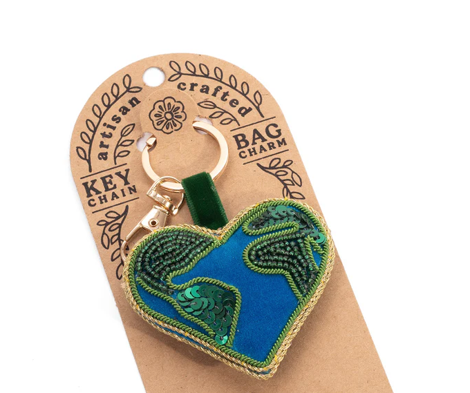 Beaded Heart Earth Bag Charm Keychain