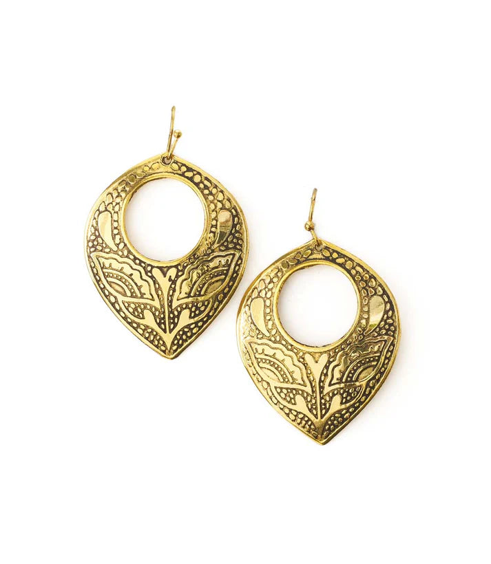 Embossed Teardrop Brass Earrings