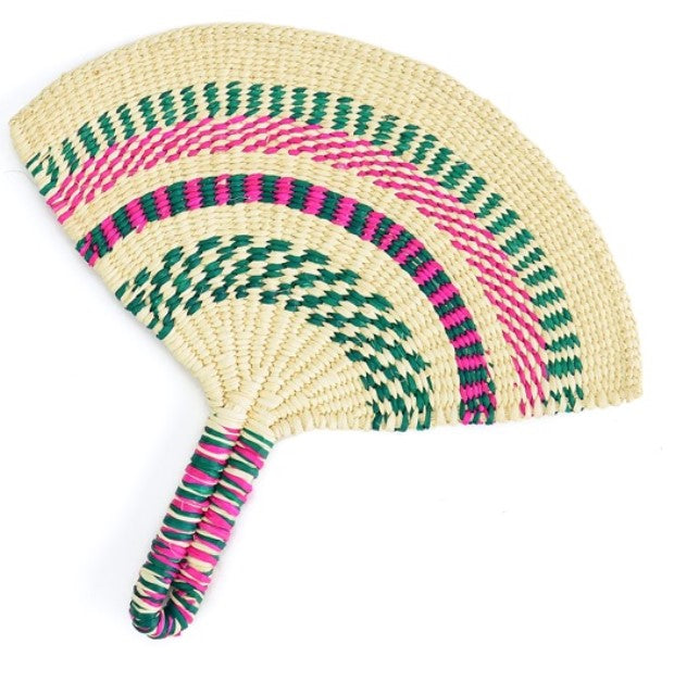 Woven hand fan with colorful pattern on a white background
