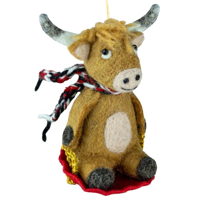 Sledding Highland Cow Felt Ornament