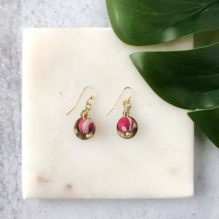 Kantha Bead & Brass Disc Earrings