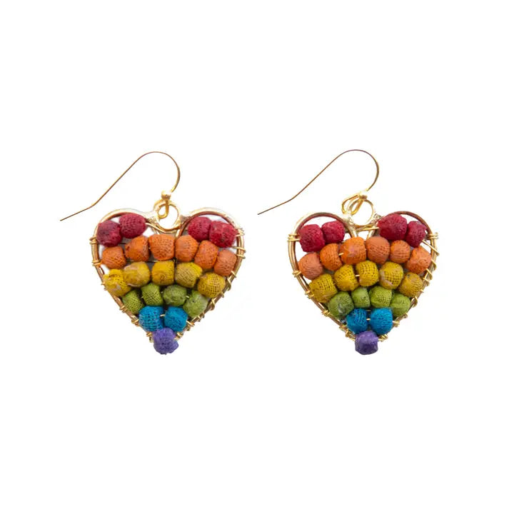 Rainbow Heart Kantha Earrings
