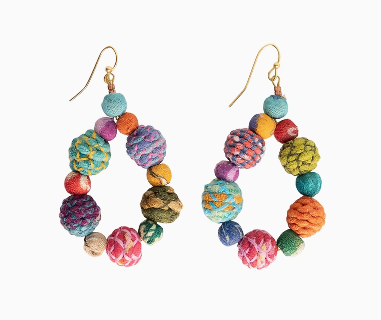Threaded Kantha Teardrop Earrings