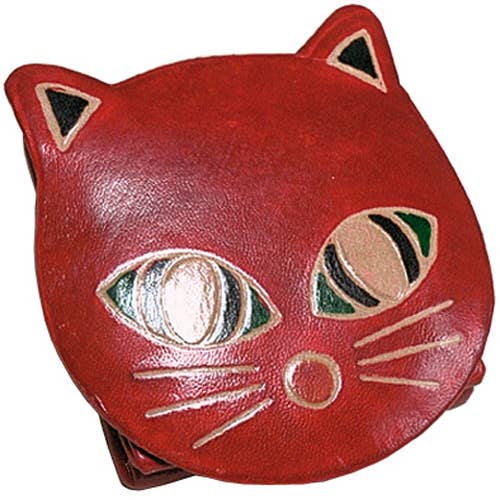 Red Cat Face Leather Coin Purse (3" Sq)