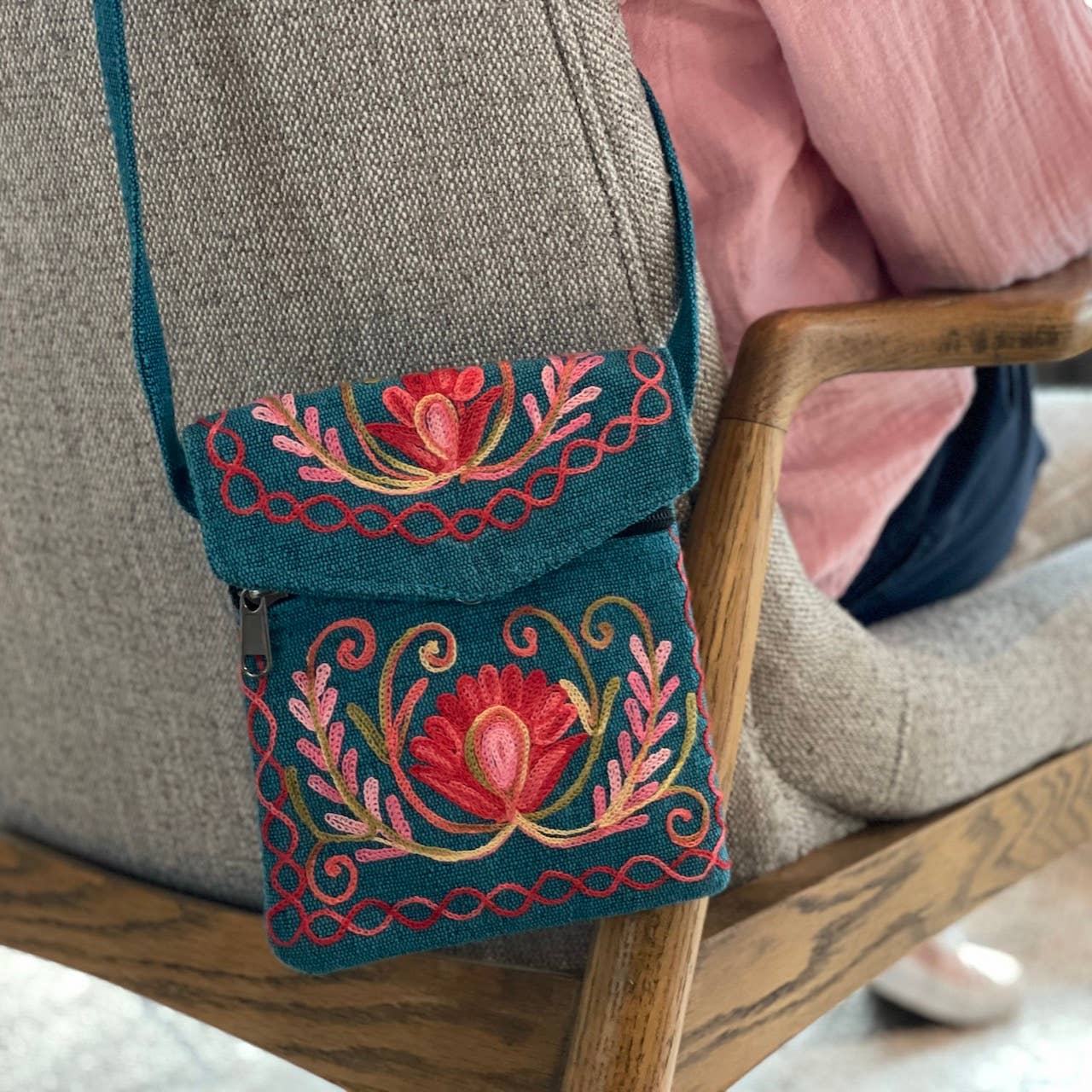 Embroidered Floral 3-Pocket Shoulder Bag - Assorted