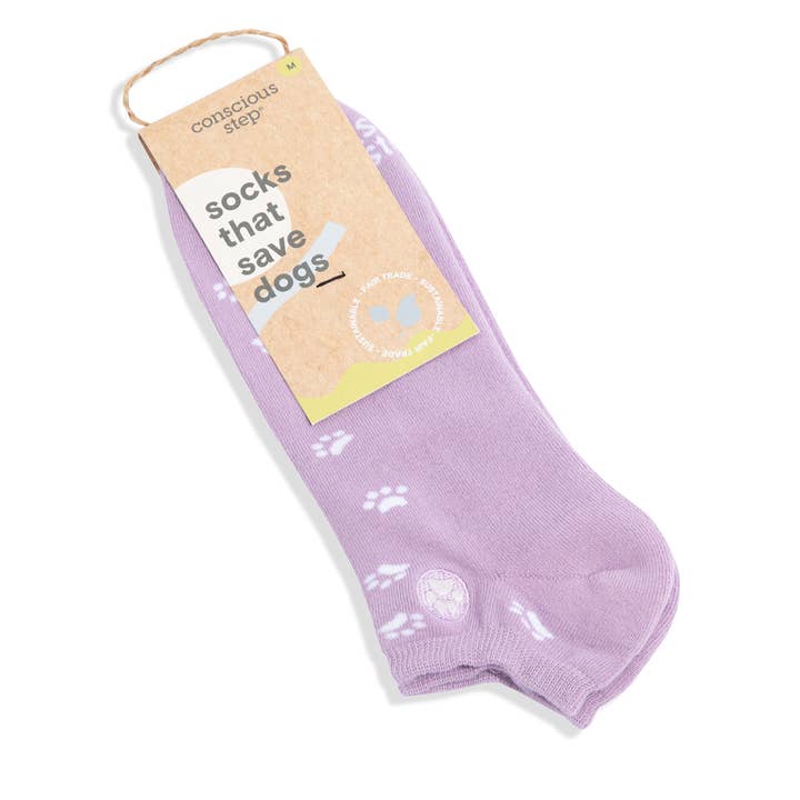 Purple Paw Print Save Dogs Footie Socks, Small
