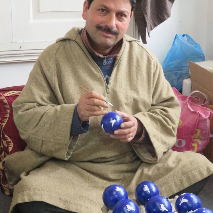 Blue Handpainted Papier-Mache Finch Ornament