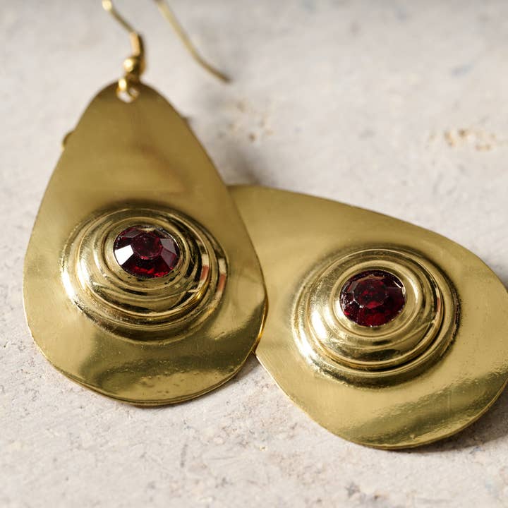 Brass Pear Red Glass Eye Earrings (2.5&quot; L)