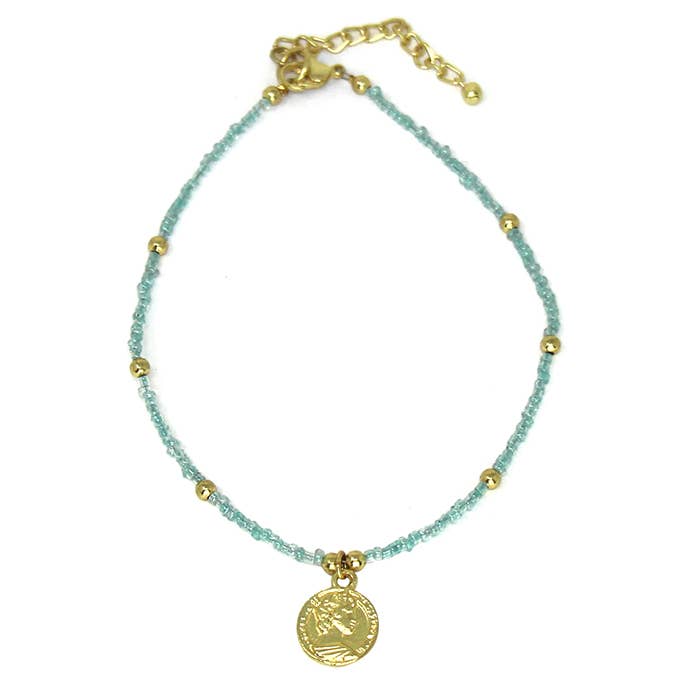 Light Blue Glass Bead Choker with Brass Coin Pendant