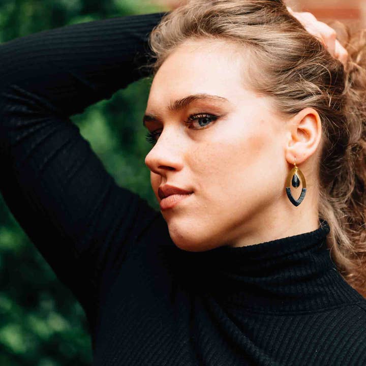 Brass &amp; Blue Oval with Glass Bead Earrings (2&quot; L)