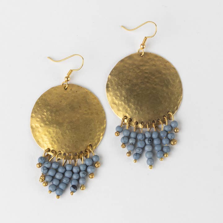 Blue-Gold Hammered Disc/Fringe Brass Earrings (2.75" L)