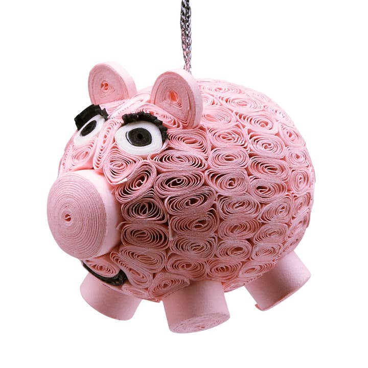Pink Quilled Paper Pig Ornament (2" L)
