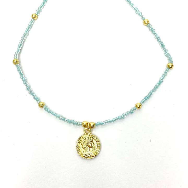 Light Blue Glass Bead Choker with Brass Coin Pendant