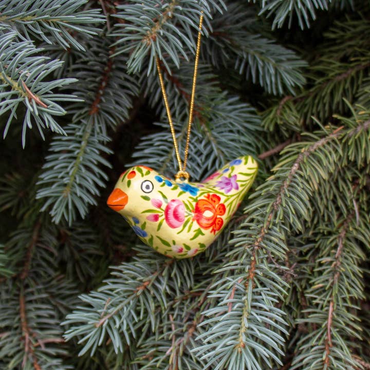 Yellow Handpainted Papier-Mache Sparrow Ornament