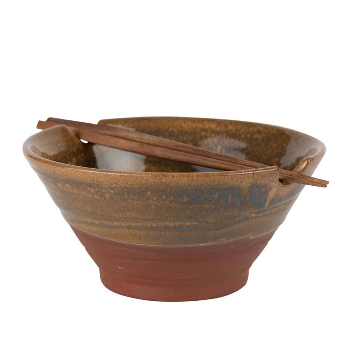 Ceramic Bowl with Chopsticks - Brown Ombre (6" D x 3" H)