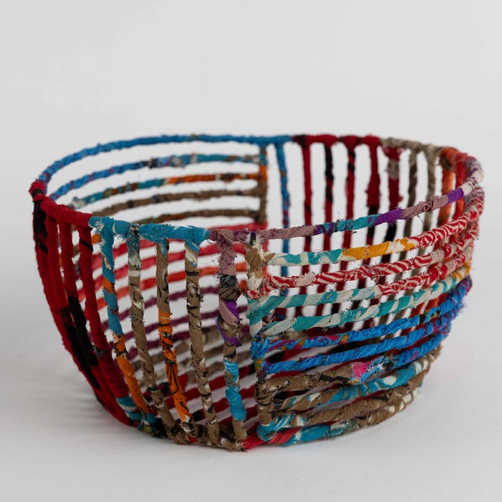 Sari-Wrapped Wire Basket (8&quot; D x 4&quot; H)