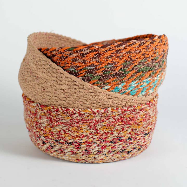 Machine-Stitched Sari Basket, Large (9.5&quot; D) - Assorted