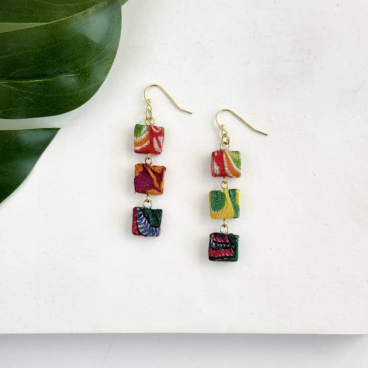 Trio Square Kantha Earrings