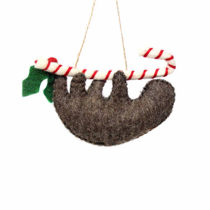 Sloth On Candy Cane Felt Ornament