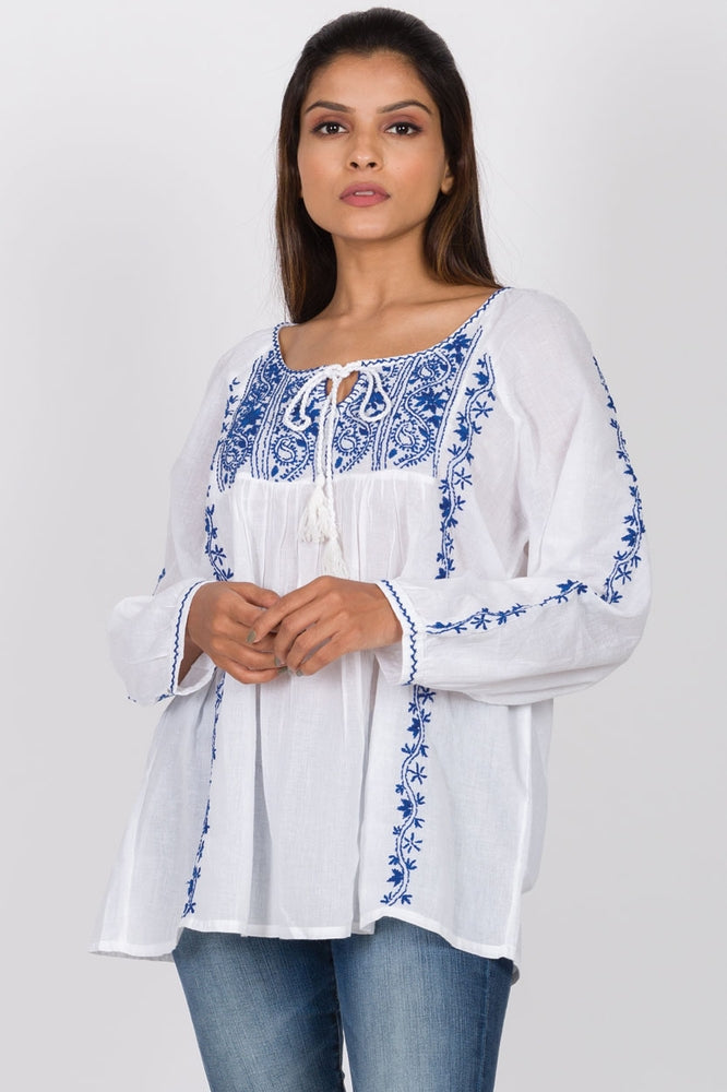 White/Blue Embroidered Cotton Asanga Tunic