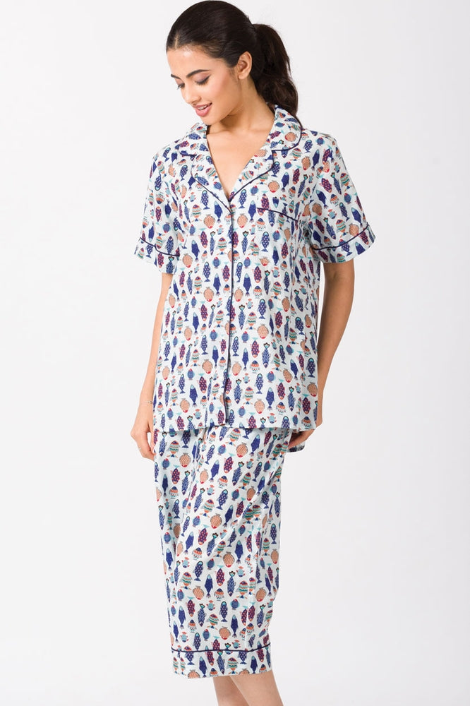 Multicolor Fish Cotton Capri Pajama Set