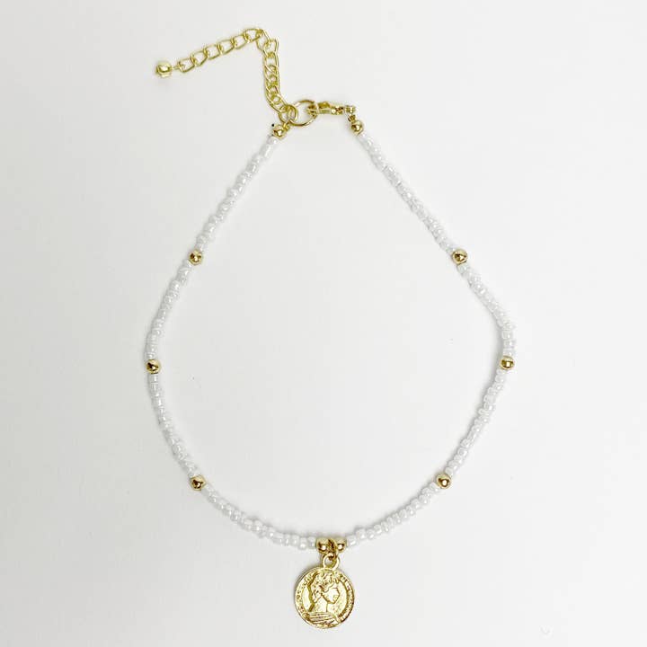 White Glass Bead Choker with Brass Coin Pendant