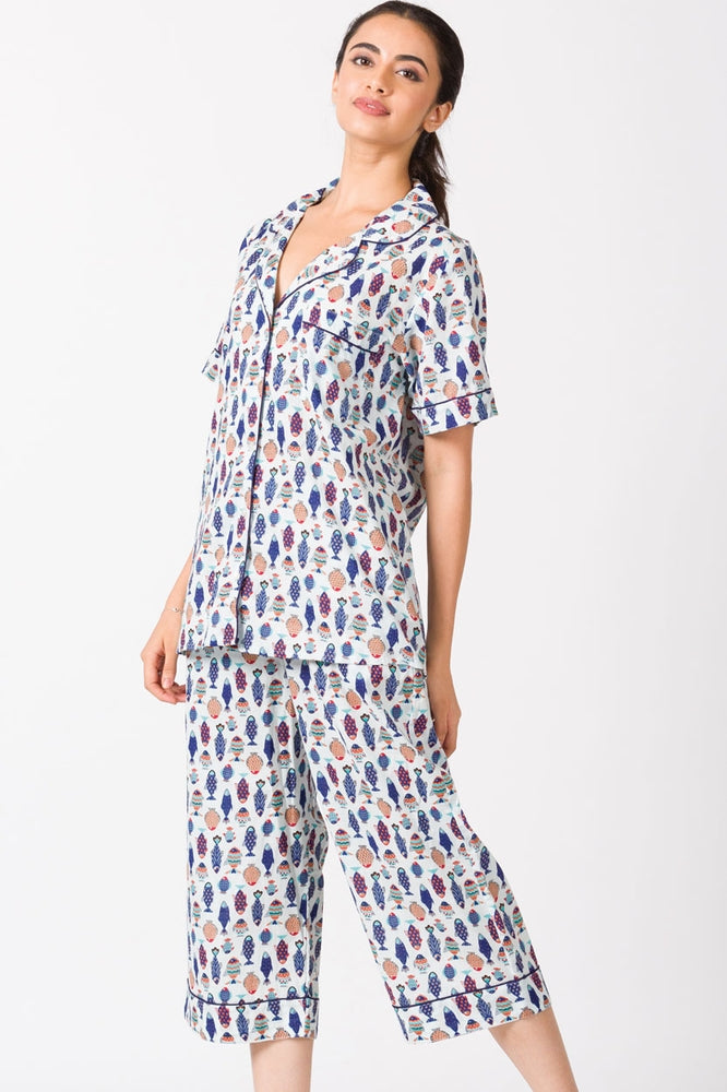 Multicolor Fish Cotton Capri Pajama Set