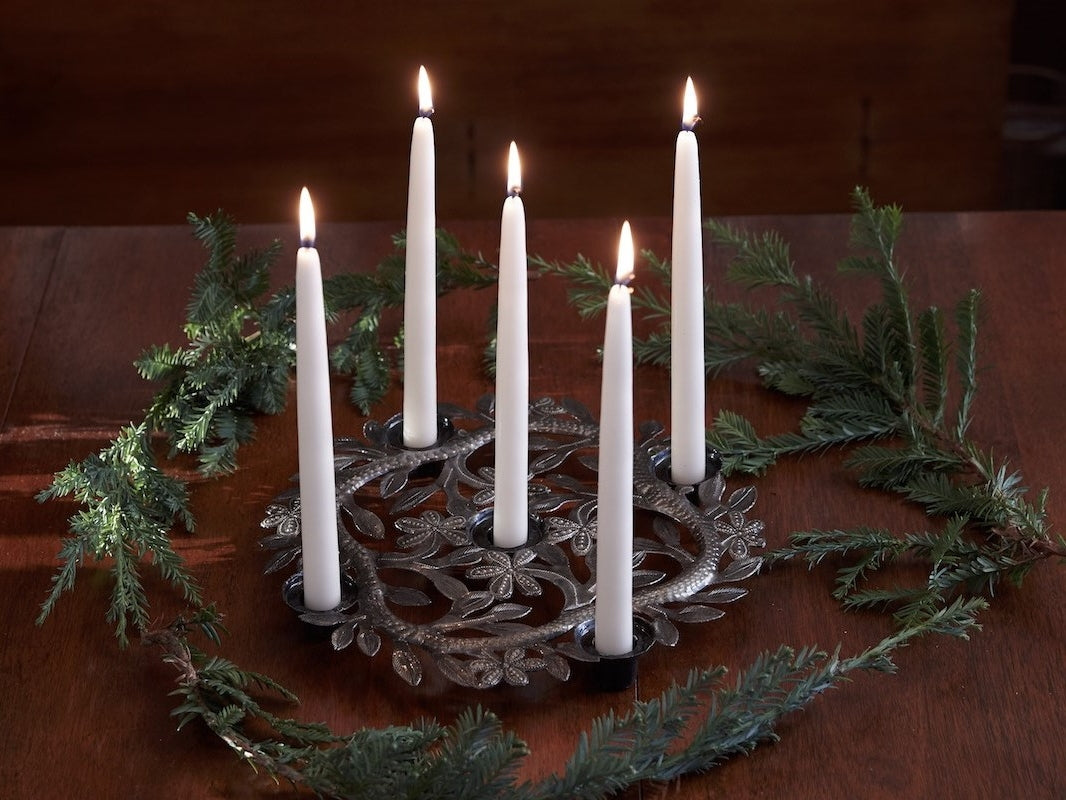 Candle Holder Centerpiece With Upcycled Metal, (6.5&quot; D)