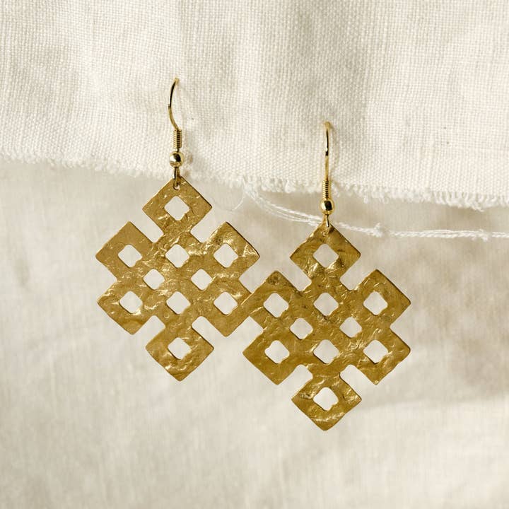 Endless Knot Hammered Brass Earrings (2.25" L)