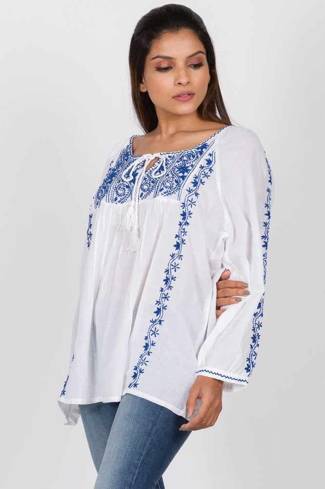 White/Blue Embroidered Cotton Asanga Tunic