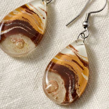 Amber Swirl Teardrop Fused Glass Earrings (1.75&quot; L)