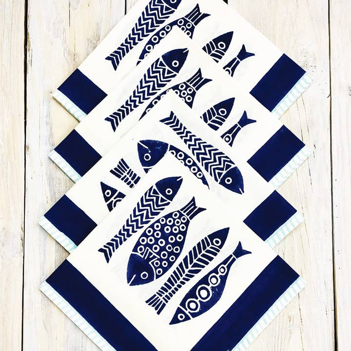 Blue/White Fish Block Print Napkin