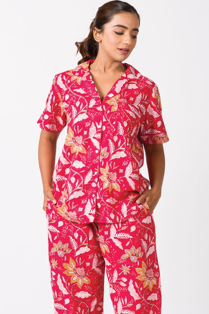 Red Floral Cotton Capri Pajama Set