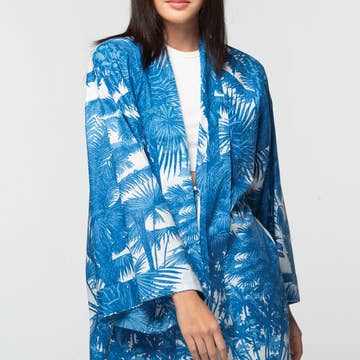 Blue Cotton Tropical Kimono (40&quot; L)