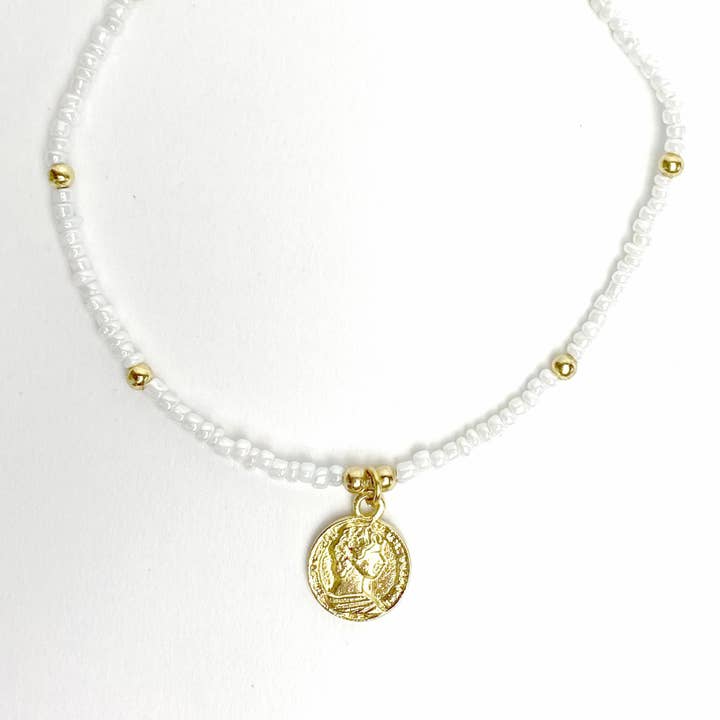 White Glass Bead Choker with Brass Coin Pendant